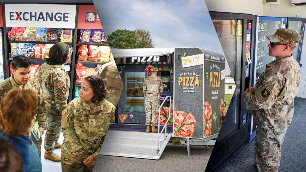 Pizza vending machine in military base barracks area for 24/7 food access
