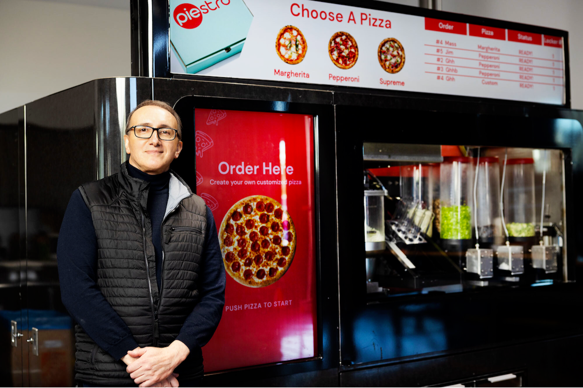 Modern pizza vending machine in corporate office building lobby