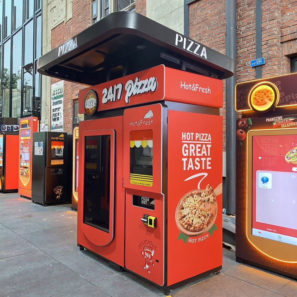 Pizza vending machine in sports stadium concourse for fans during events