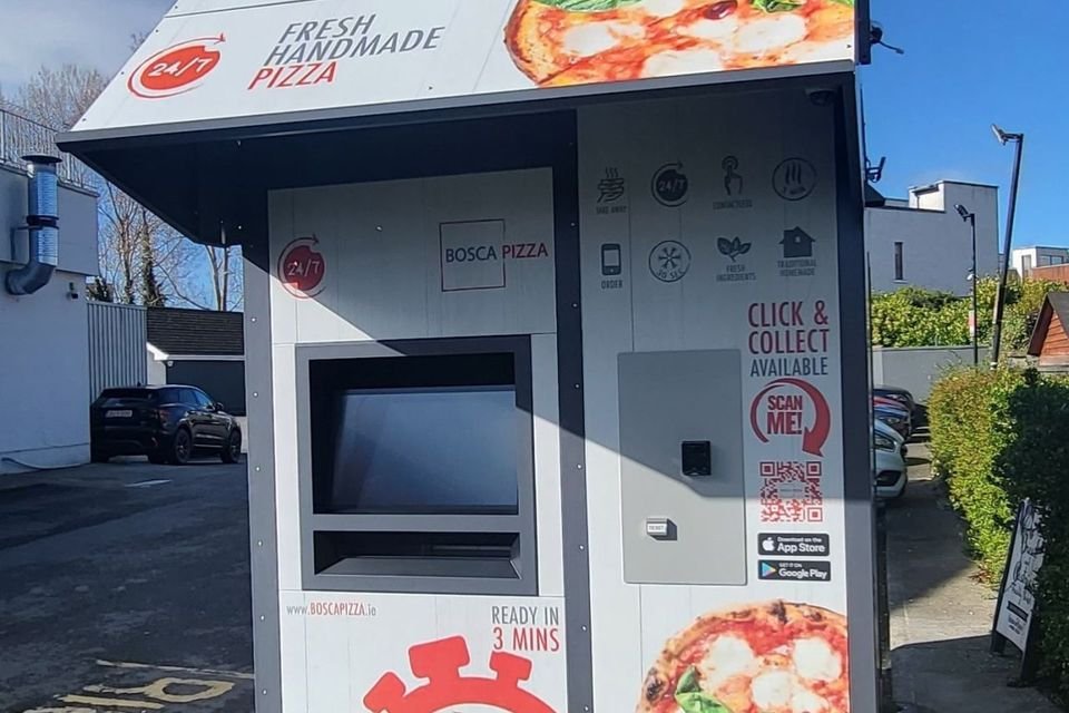 Pizza vending machine location in Ireland showing urban setting