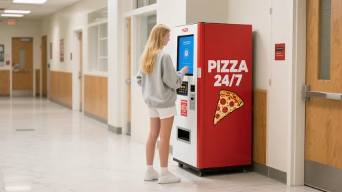 Student using a pizza vending machine on campus for hot pizza in 3 minutes
