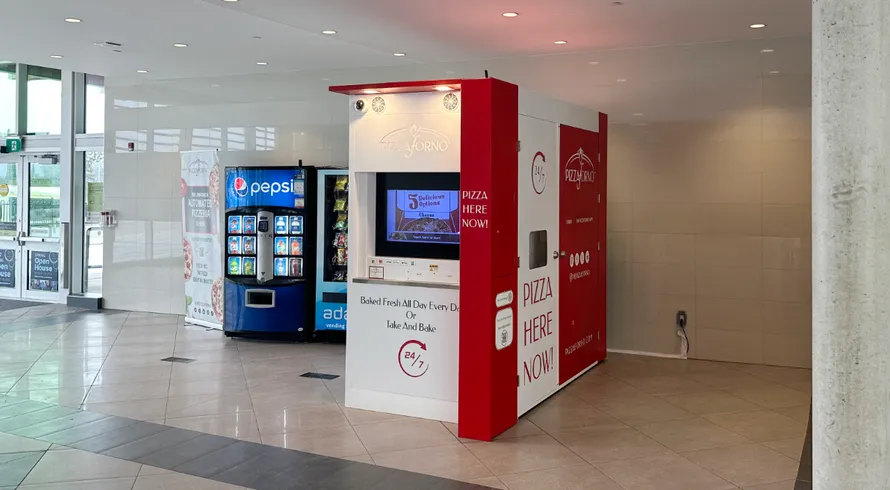 Pizza vending machine in modern shopping centre or mall environment