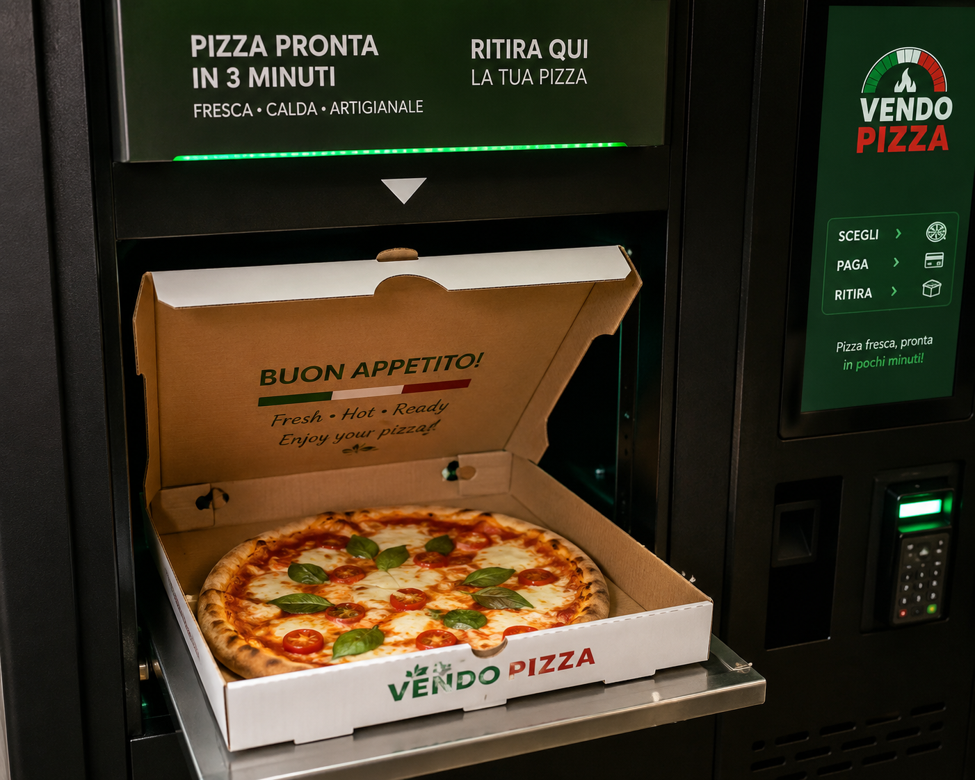 Ready-to-serve pizza from an automatic pizza ATM