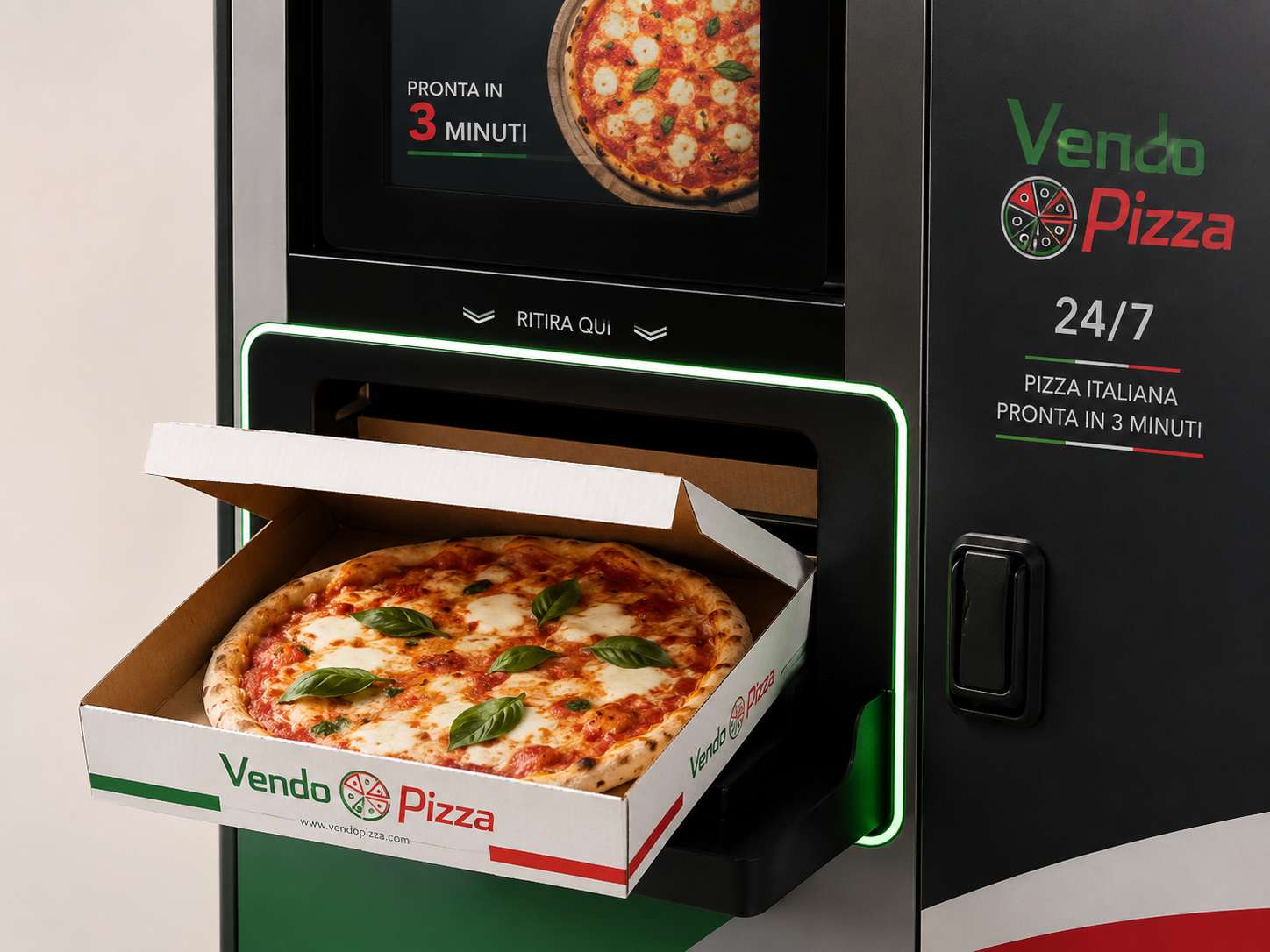Hot pizza dispensed from a frozen pizza vending machine